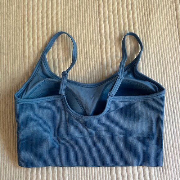 UNIQLO Seamless Half Camisole Bra Top Ribbed Blue Sewn-In Padding Cups Size S - Picture 3 of 5